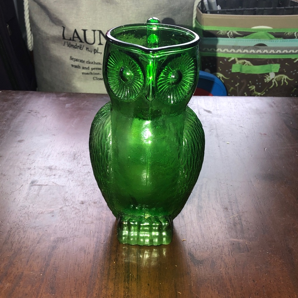 Vintage Handcrafted Green Glass Owl Vase